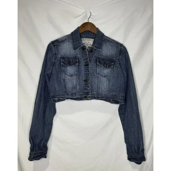 Hot Kiss Cropped Denim Jean Jacket Women's Large Long Sleeve Medium Wash - Picture 2 of 7
